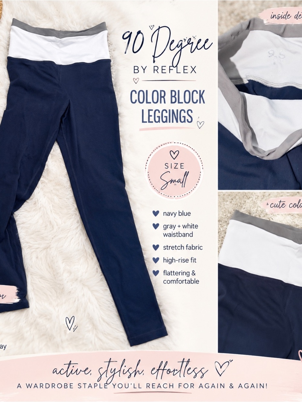 90 Degree By Reflex Navy Blue Leggings with Gray and White Waistband